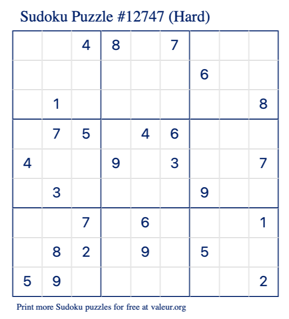 Free Printable Hard Sudoku Puzzle number 12747