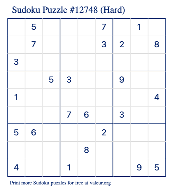 Free Printable Hard Sudoku Puzzle number 12748