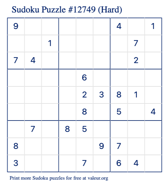 Free Printable Hard Sudoku Puzzle number 12749
