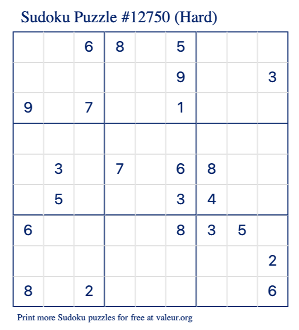 Free Printable Hard Sudoku Puzzle number 12750