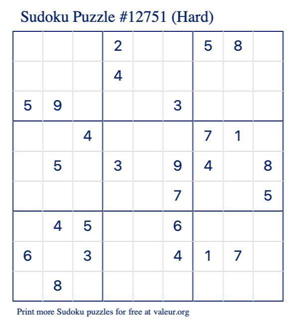 Free Printable Hard Sudoku Puzzle number 12751