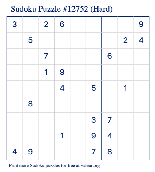 Free Printable Hard Sudoku Puzzle number 12752