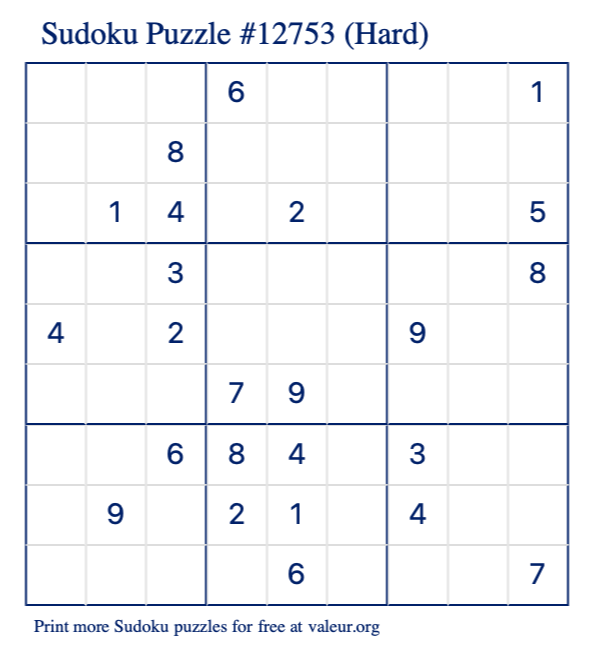 Free Printable Hard Sudoku Puzzle number 12753