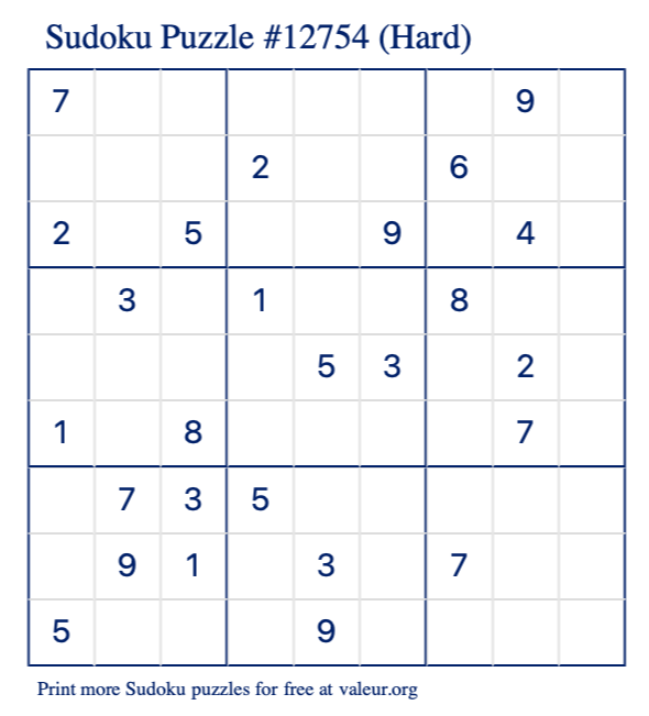 Free Printable Hard Sudoku Puzzle number 12754