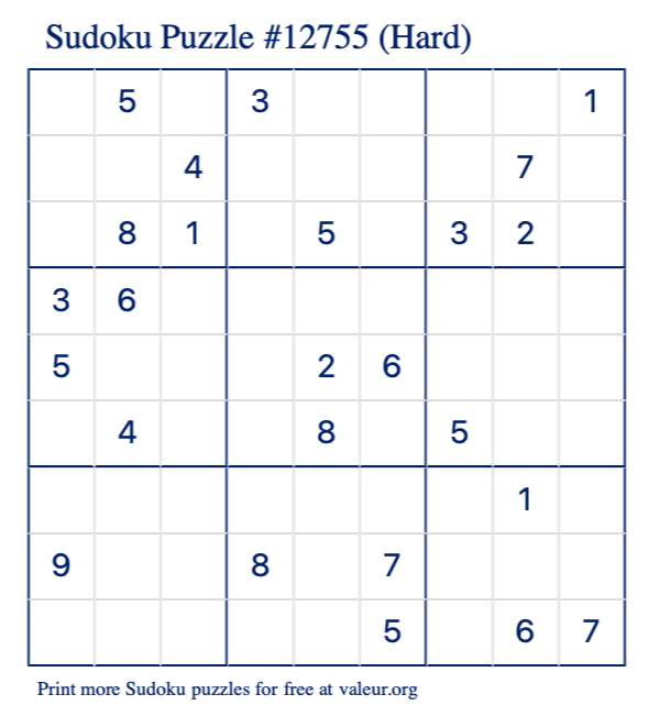 Free Printable Hard Sudoku Puzzle number 12755
