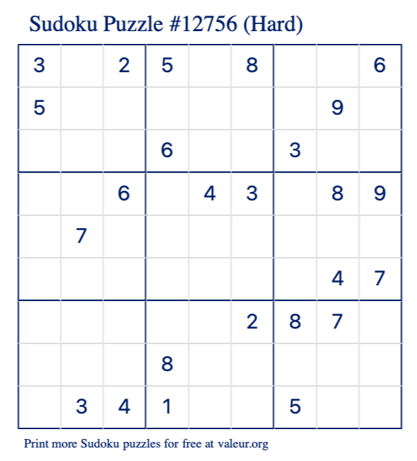 Free Printable Hard Sudoku Puzzle number 12756