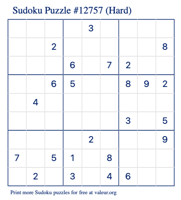 Free Printable Hard Sudoku Puzzle number 12757