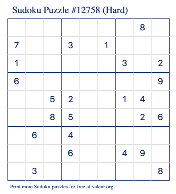 Free Printable Hard Sudoku Puzzle number 12758