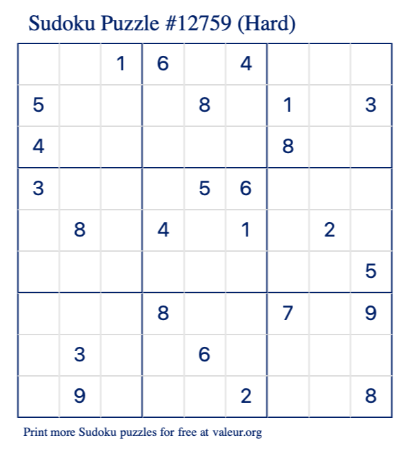 Free Printable Hard Sudoku Puzzle number 12759