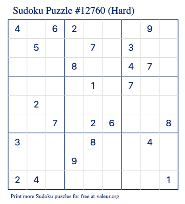 Free Printable Hard Sudoku Puzzle number 12760