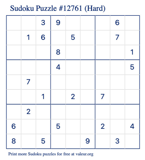Free Printable Hard Sudoku Puzzle number 12761