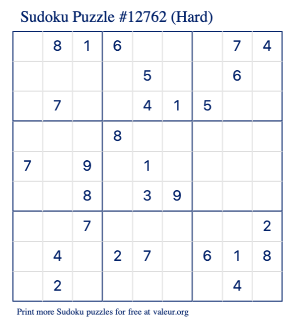 Free Printable Hard Sudoku Puzzle number 12762