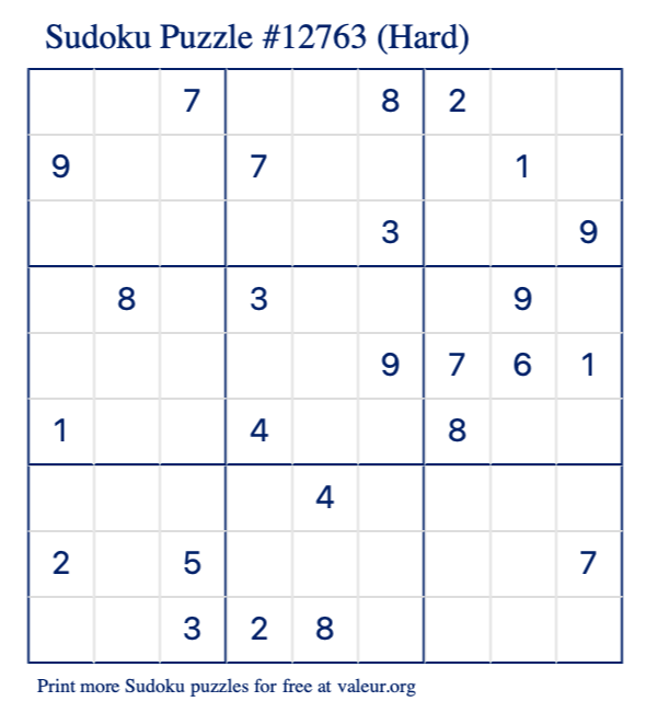 Free Printable Hard Sudoku Puzzle number 12763