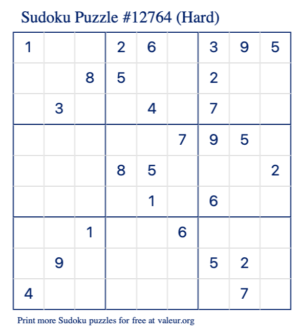 Free Printable Hard Sudoku Puzzle number 12764