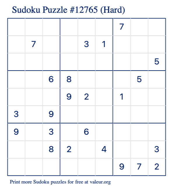 Free Printable Hard Sudoku Puzzle number 12765
