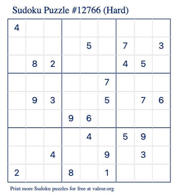 Free Printable Hard Sudoku Puzzle number 12766