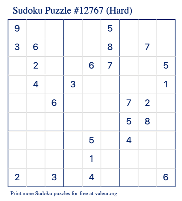 Free Printable Hard Sudoku Puzzle number 12767