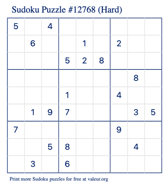 Free Printable Hard Sudoku Puzzle number 12768