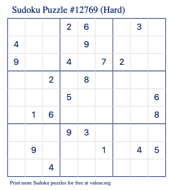 Free Printable Hard Sudoku Puzzle number 12769