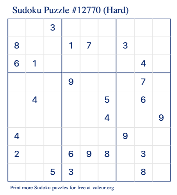 Free Printable Hard Sudoku Puzzle number 12770
