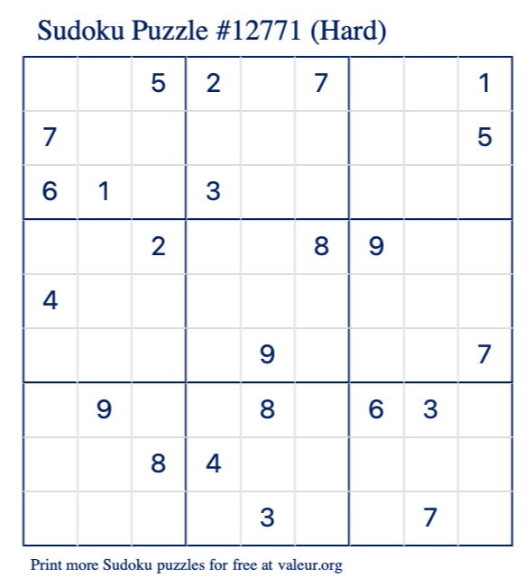 Free Printable Hard Sudoku Puzzle number 12771