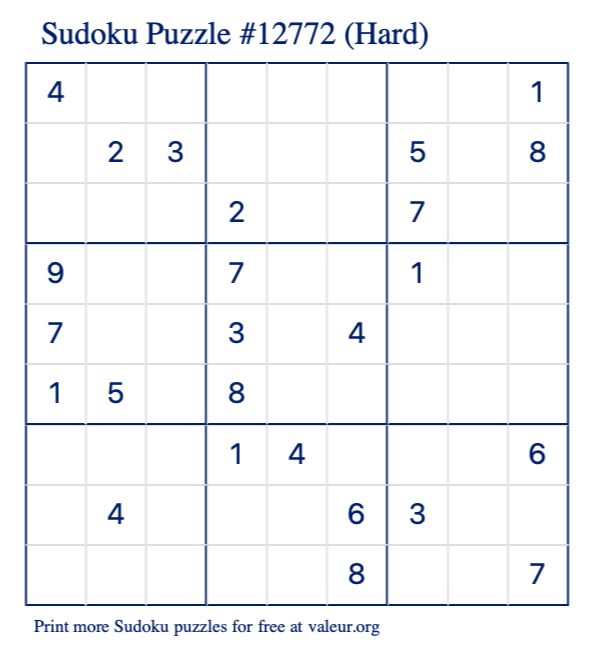 Free Printable Hard Sudoku Puzzle number 12772