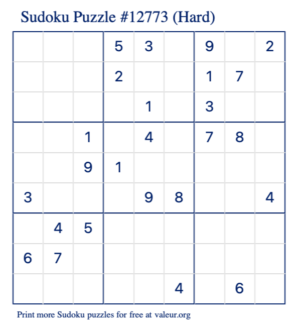 Free Printable Hard Sudoku Puzzle number 12773