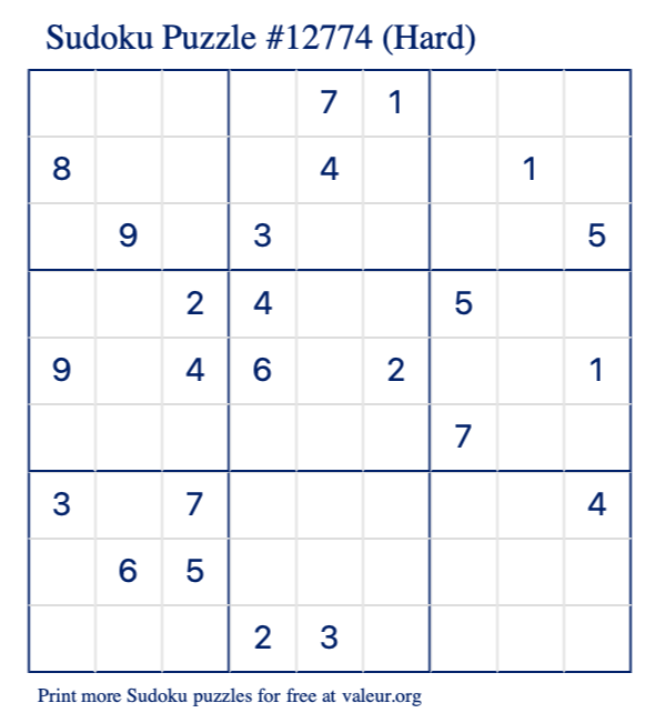 Free Printable Hard Sudoku Puzzle number 12774
