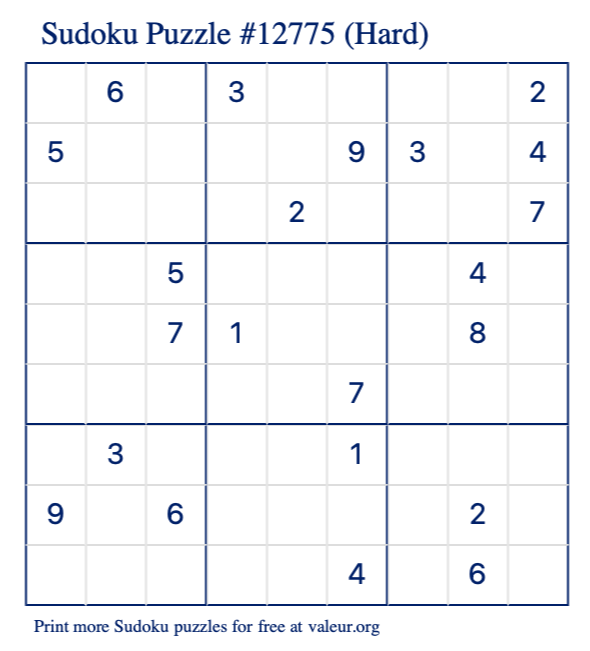Free Printable Hard Sudoku Puzzle number 12775