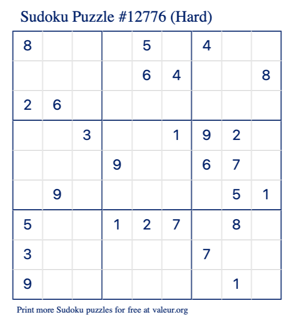 Free Printable Hard Sudoku Puzzle number 12776