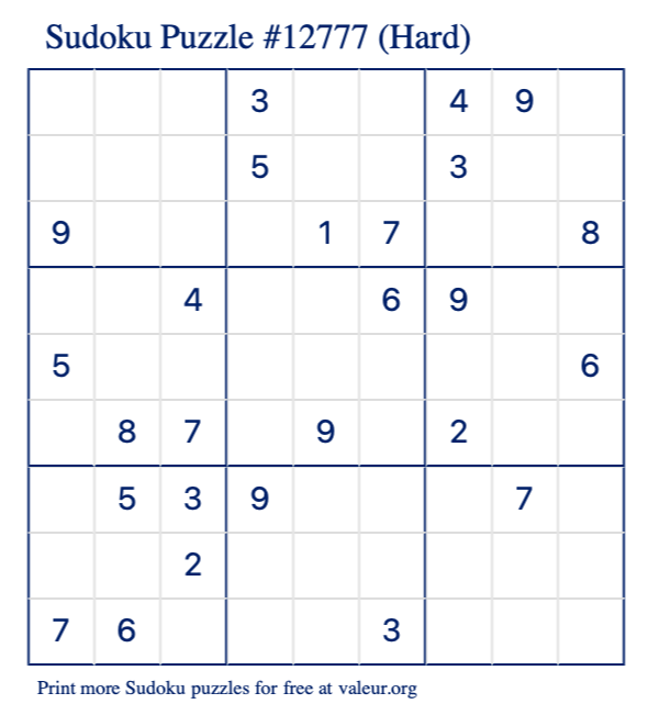 Free Printable Hard Sudoku Puzzle number 12777