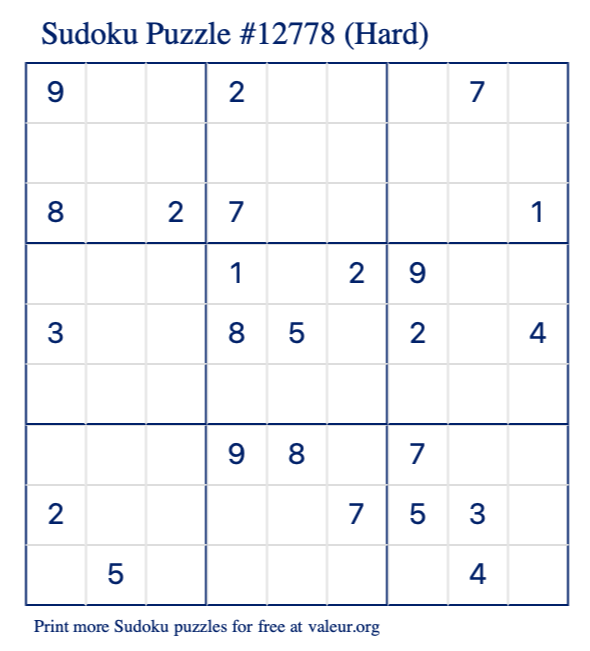 Free Printable Hard Sudoku Puzzle number 12778