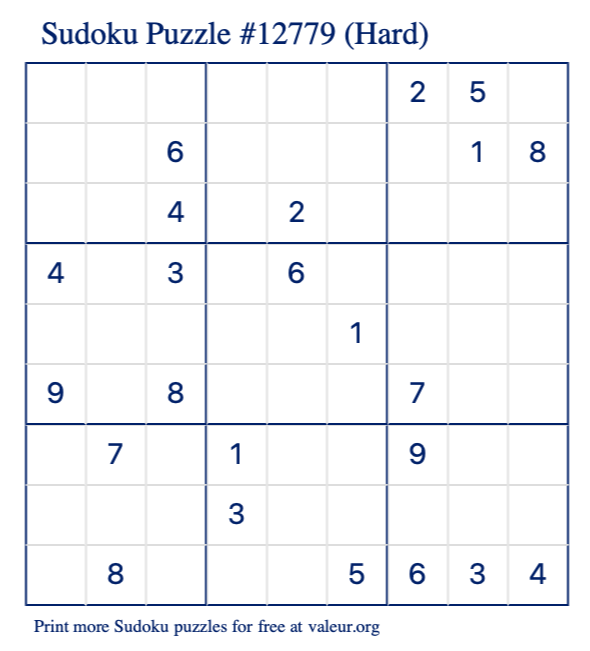 Free Printable Hard Sudoku Puzzle number 12779
