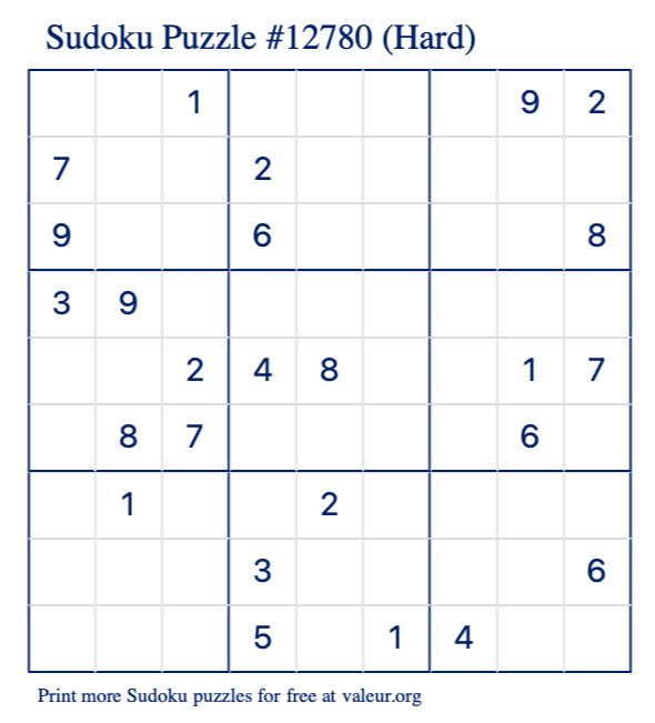 Free Printable Hard Sudoku Puzzle number 12780