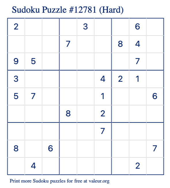 Free Printable Hard Sudoku Puzzle number 12781