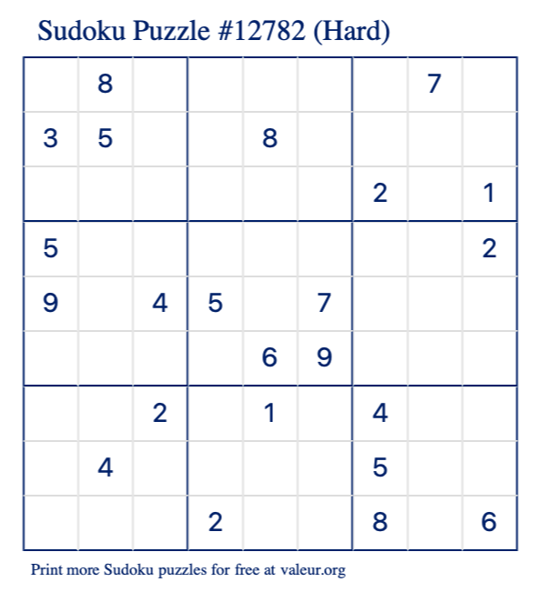 Free Printable Hard Sudoku Puzzle number 12782