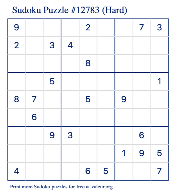 Free Printable Hard Sudoku Puzzle number 12783