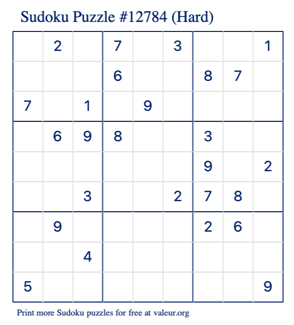 Free Printable Hard Sudoku Puzzle number 12784
