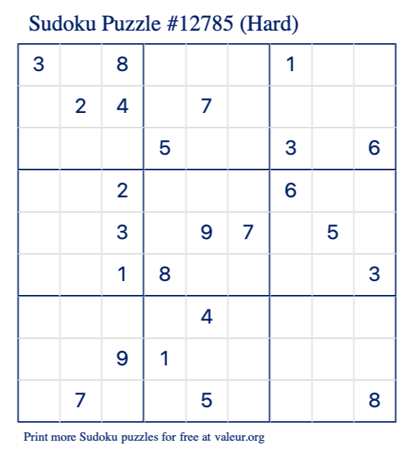 Free Printable Hard Sudoku Puzzle number 12785
