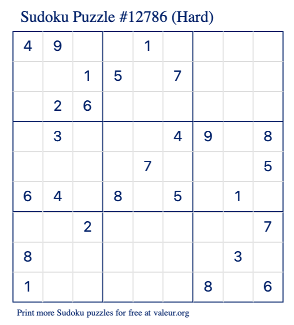Free Printable Hard Sudoku Puzzle number 12786