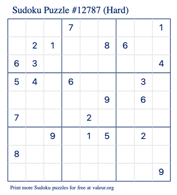 Free Printable Hard Sudoku Puzzle number 12787