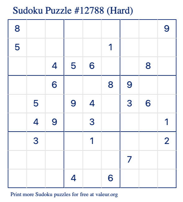 Free Printable Hard Sudoku Puzzle number 12788