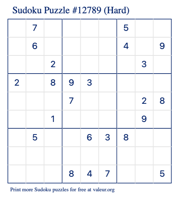 Free Printable Hard Sudoku Puzzle number 12789