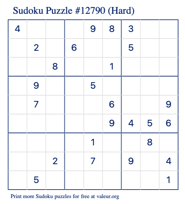 Free Printable Hard Sudoku Puzzle number 12790