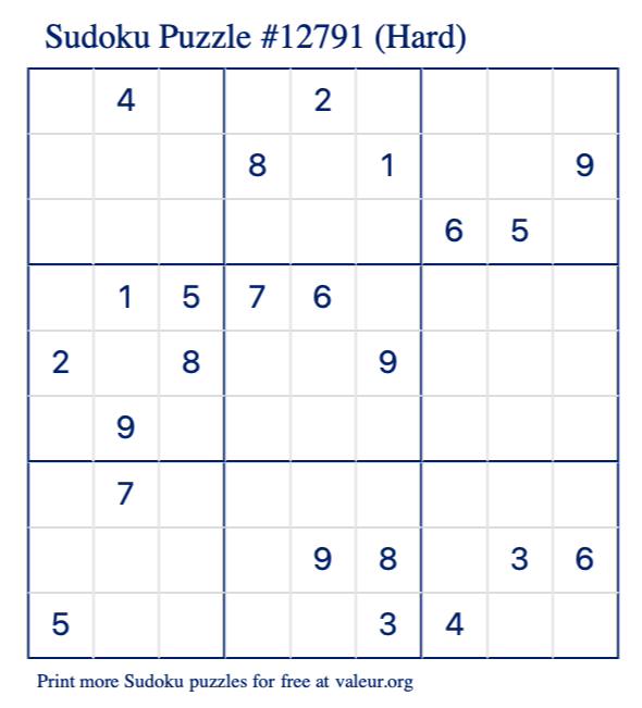 Free Printable Hard Sudoku Puzzle number 12791