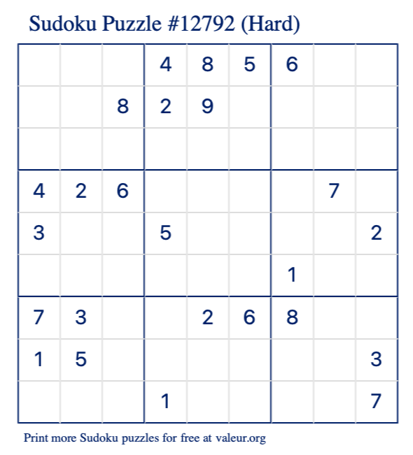 Free Printable Hard Sudoku Puzzle number 12792