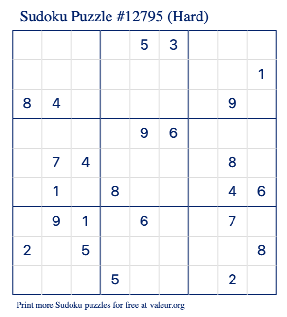 Free Printable Hard Sudoku Puzzle number 12795