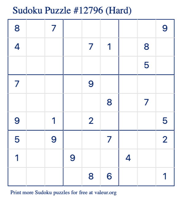 Free Printable Hard Sudoku Puzzle number 12796