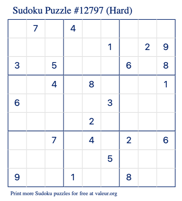 Free Printable Hard Sudoku Puzzle number 12797