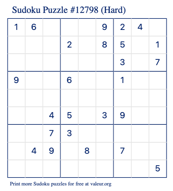 Free Printable Hard Sudoku Puzzle number 12798